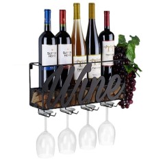 Suport de vin, suspedat, pentru sticle si pahare, din fier, negru, se monteaza pe perete poate sustine pana la 4 pahare de vin si mai multe sticle