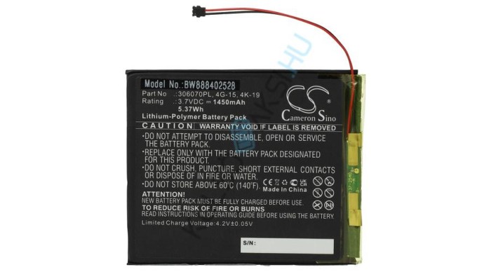 &Icirc;nlocuire baterie VHBW E-Book pentru Digma 306070PL - 1450 mAh 3,7 V Li-polimer