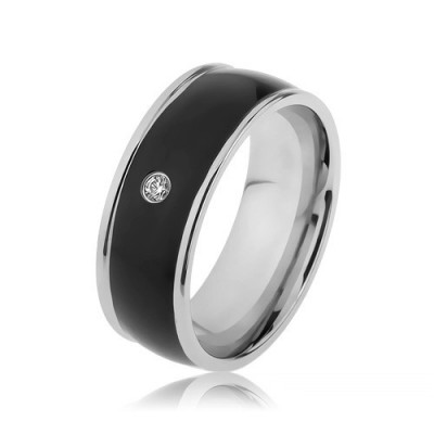 Inel lucios din oţel de culoare argintie, dungă neagră proeminentă cu zirconiu transparent - Marime inel: 67 foto