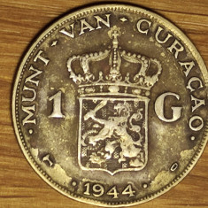 Curacao - moneda de argint rara - 1 gulden 1944 -10g- Wilhelmina - tiraj 500k