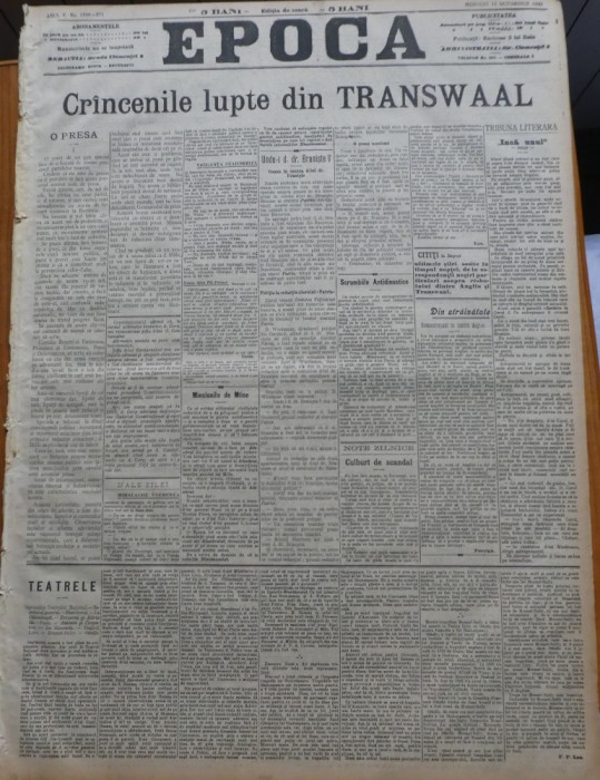 Ziarul Epoca, 13 Octombrie 1899; Razboiul anglo-bur din Transwaal, Africa de Sud