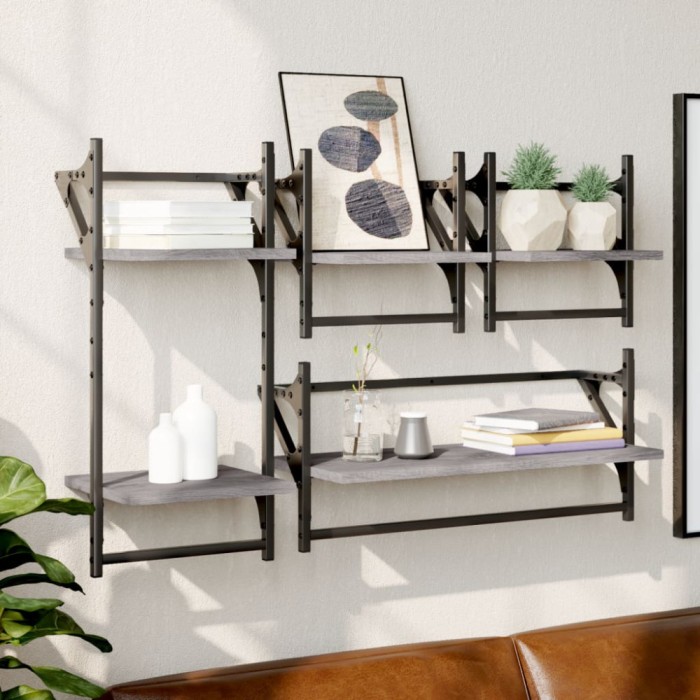 Set rafturi perete cu bare, 4 buc., gri sonoma, lemn prelucrat