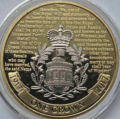 1 Crown 2017 Gibraltar, House of Windsor; Gold plated; Rhodium gilded , Bunc, Capsula., km#1595a foto