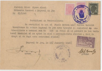 Romania, Primaria Comunei, Certificat de Nationalitate, Lugasul de jos, 1946 foto