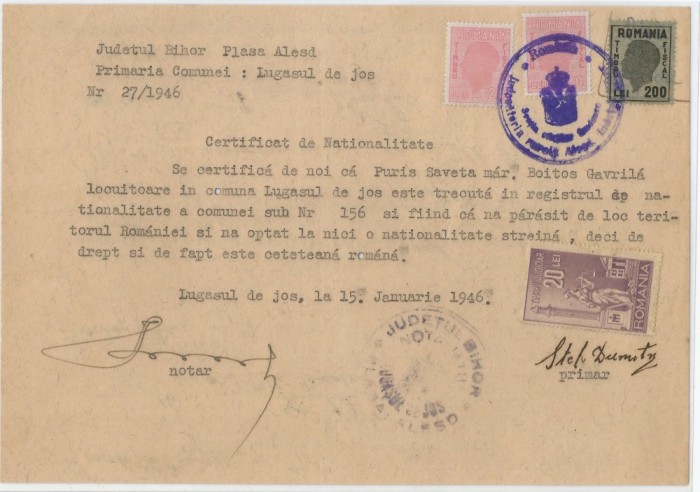 Romania, Primaria Comunei, Certificat de Nationalitate, Lugasul de jos, 1946