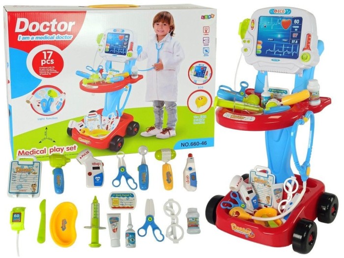 Set trusa doctor, tip carucior pentru copii, cu accesorii de jucarie, multicolor, LeanToys, 5929