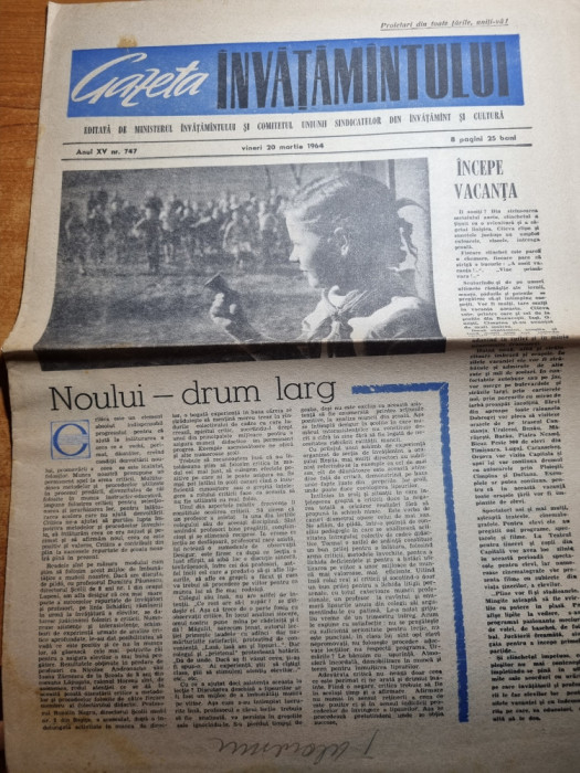 gazeta invatamantului 20 martie 1964-comuna dobroesti,scoala al.ioan cuza iasi