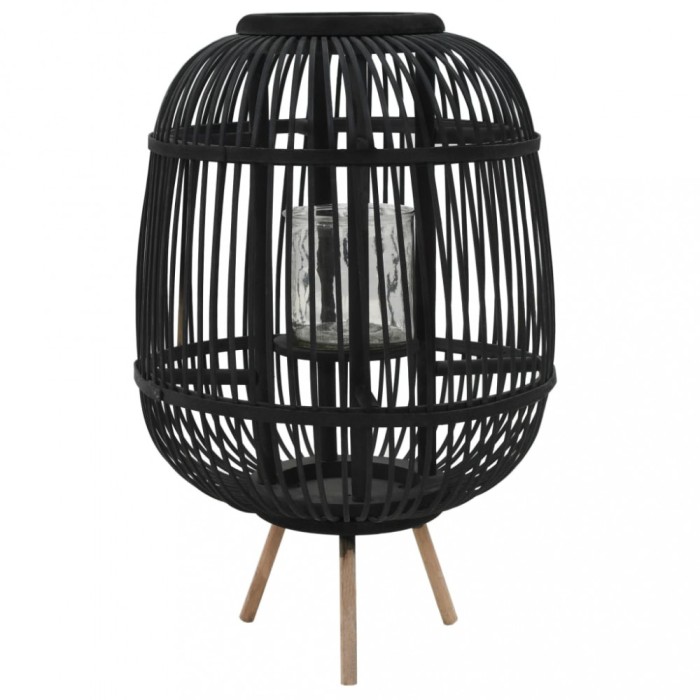 Suport lum&acirc;nări tip felinar vertical, negru, bambus
