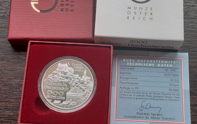 MONEDA DIN ARGINT AUSTRIA IN CUTIE SI CERTIFICAT- 500 SCHILLING 2000, PROOF foto