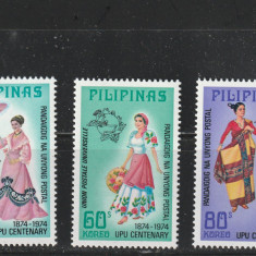 Filipine 1974-Centenar U.P.U. , 1874-1974,serie 3 valori,dantelate,MNH,Mi.1094-6