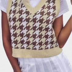 Vesta tricotata de dama cu imprimeu ecosez/picior de cocos, cu decolteu in V, multicolor, M