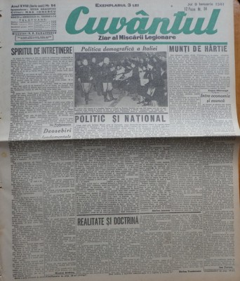Cuvantul , ziar al miscarii legionare , 9 ianuarie 1941 , nr. 84 foto