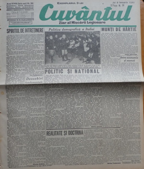 Cuvantul , ziar al miscarii legionare , 9 ianuarie 1941 , nr. 84