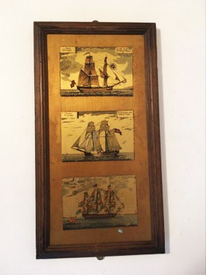 * Tablou vechi maritim, cu corabii, litografie pe metal, 27x14 cm foto