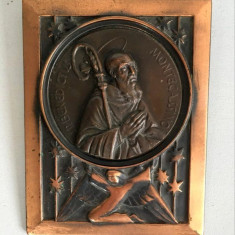 * Placa tablou de cupru cu Sf. Benedict (S.P. Benedictus) Montecassino, 11x8.5cm
