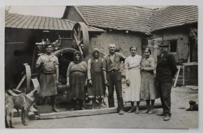 SEBIS , ARAD , FOTOGRAFIE DE GRUP IN CURTEA UNEI CASE , LANGA UN UTILAJ , CARTE POSTALA INTERBELICA foto