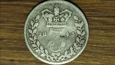 Anglia Marea Britanie - moneda argint 925 - 3 pence threepence 1843 - Victoria tanara - batuta pentru uz colonial in Indiile de Vest