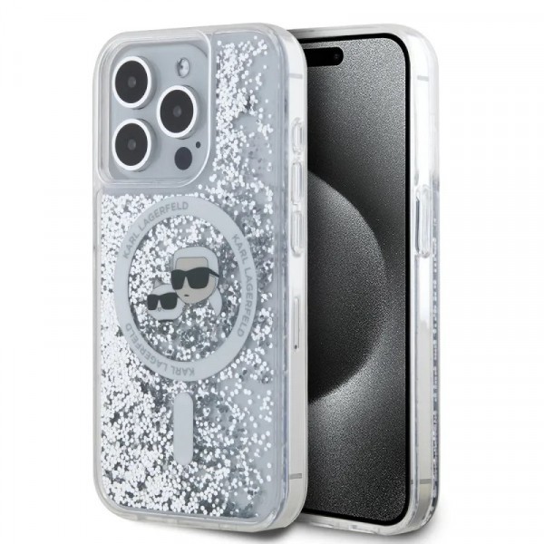 Husa MagSafe pentru Apple iPhone 15 Pro Max, Karl Lagerfeld, Liquid Glitter Karl &amp; Choupette&#039;s Heads, Transparenta