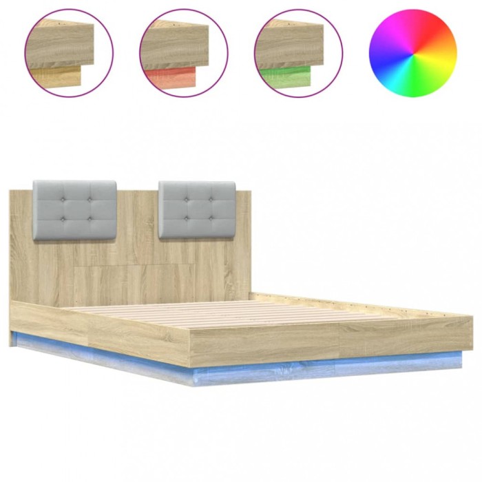 Cadru de pat cu tablie si lumini LED, stejar sonoma, 135x190 cm