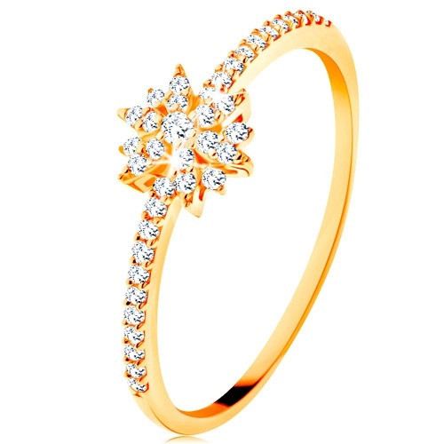 Inel din aur galben de 14K - floare strălucitoare formată din zirconii transparente, brațe lucioase - Marime inel: 59