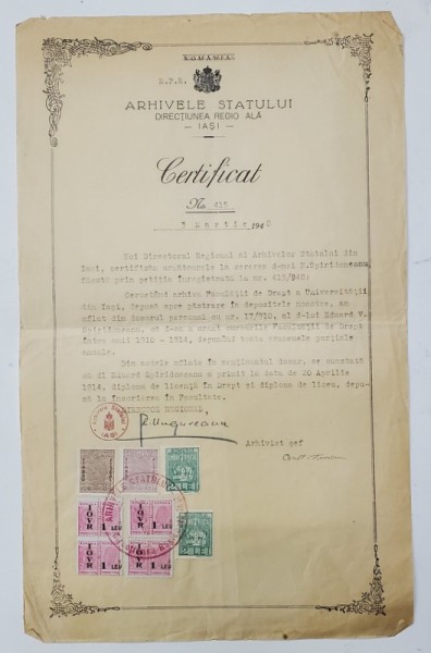 ARHIVELE STATULUI , DIRECTIUNEA REGIONALA IASI , CERTIFICAT , MARTIE , 1948