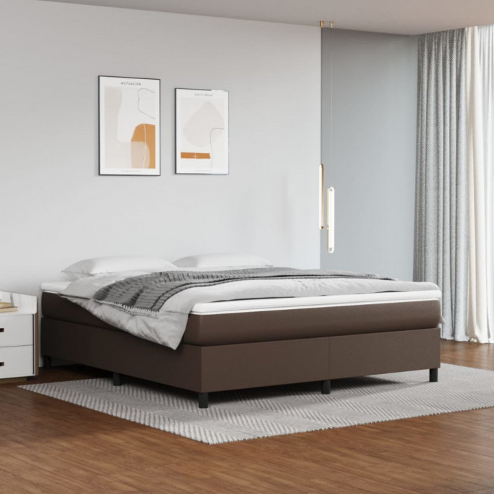 vidaXL Pat box spring cu saltea, maro, 160x200 cm, piele ecologică