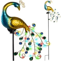 Lampa Solara Exterior, LED RGB, Panou Solar 180&deg; Mobil, Decor Paun cu Tarus, Gradina/Curte, Senzor Amurg, IP44, Multicolor