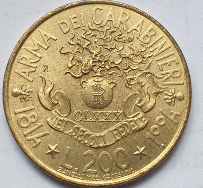 Monedă 200 lire 1994 Italia, Arma dei Carabinieri, km#164 foto