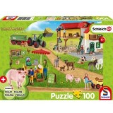 Puzzle 100 piese, Schleich - Farm World: Ferma si piata + Cadou: figurina animal, Schimdt