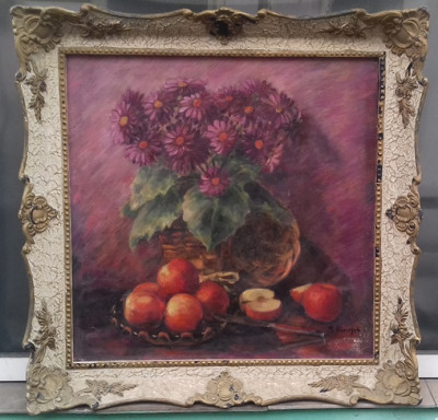 Tablou vechi - Flori si mere - semnat M. Stancescu foto