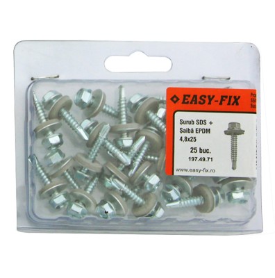 Surub autoforant pentru tabla, cu cap hexagonal + saiba EPDM, Easy-Fix, din otel, zincat alb, 4.8 x 25 mm, set 25 bucati foto