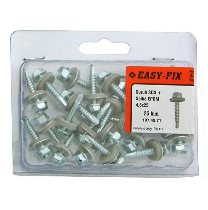 Surub autoforant pentru tabla, cu cap hexagonal + saiba EPDM, Easy-Fix, din otel, zincat alb, 4.8 x 25 mm, set 25 bucati