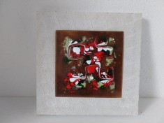 Tabou obiect decorativ vintage (anii 60-70) placa de cupru emailat pe suport de lemn, DDR Germania de Est, PGH RaumSchumck Leipzig