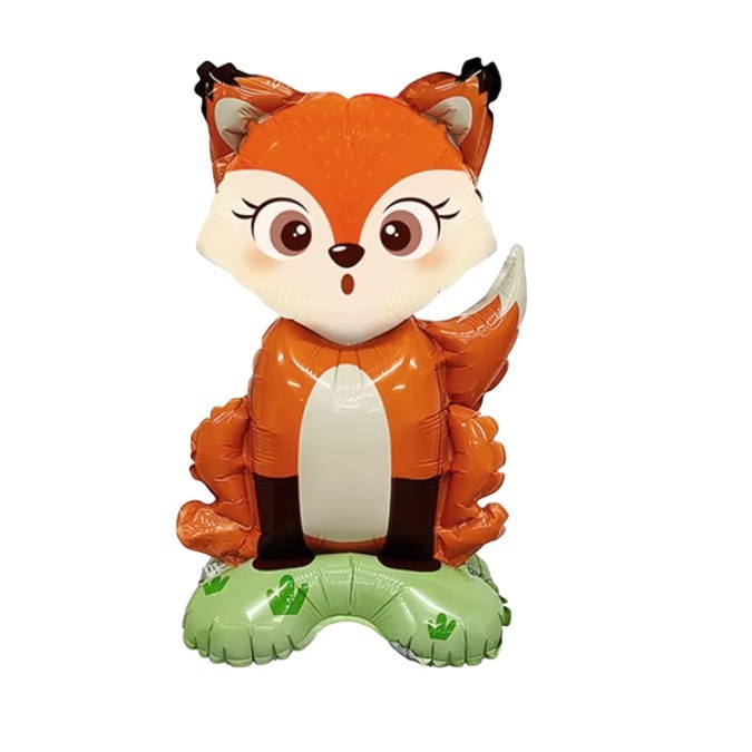 Balon din folie metalizata, flippy, mini figurine animalute, model vulpe, tematica aniversare, 35x61 cm, ambalaj individual, pai inclus, umflare cu ae