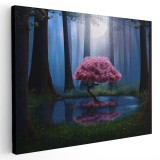 Tablou peisaj copac inflorit in mijlocul padurii, roz, albastru 1225 Tablou canvas pe panza CU RAMA 70x100 cm