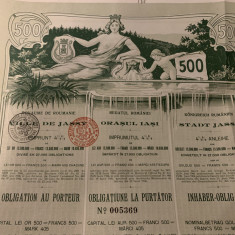 Obligatiune 500 lei Aur Iasi Jassy 1906 titlu la purtator neincasat cu cupoane