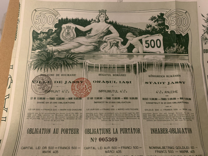 Obligatiune 500 lei Aur Iasi Jassy 1906 titlu la purtator neincasat cu cupoane