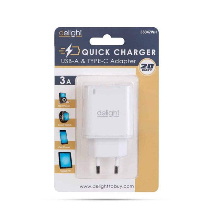 Adaptor de retea - QC3.0 USB + USB Type C PD 20W cu incarcare rapida alb Delight 55047WH