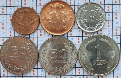 set 6 monede Columbia 1, 5, 10, 20, 50 centavos 1 peso 1960 - 1980 UNC - A024 foto