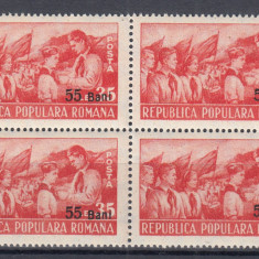 ROMANIA 1952 LP 312 PIONIERI SUPRATIPAR BLOC DE 4 TIMBRE MNH