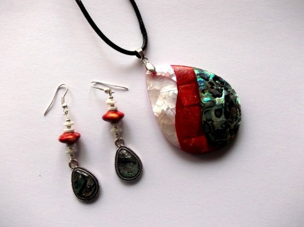 Set sidef paua si coral rosu, set bijuterii 39491