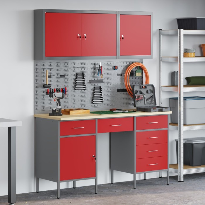 vidaXL Set dulap lucru &amp; panou c&acirc;rlige, 8 piese, roșu, MDF &amp; metal