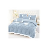 Cumpara ieftin Lenjerie de Pat din Catifea, pentru Pat Dublu, 4 Piese, Gri Albastrui cu Margine Alba - FR140
