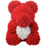 Ursulet floral FOXMAG24, confectionat din trandafiri de spuma, 25 cm, cutie decorativa inclusa, rosu/alb