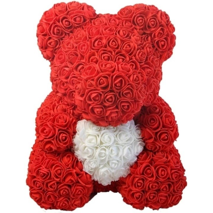 Ursulet floral FOXMAG24, confectionat din trandafiri de spuma, 25 cm, cutie decorativa inclusa, rosu/alb