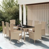 Set masa gradina 9 piese vidaXL bej poliratan cu perne, 190x90x75 cm