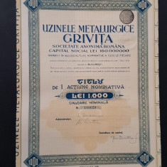 Actiune nominativa 1942 Uzinele metalurgice Grivita / titlu / actiuni