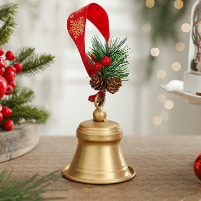 Clopot decorativ pentru Brad Craciun, Flippy, Clopot din Metal cu Funda si Crenguta de Brad pentru Decoratiune de Craciun, 10 x 8 x 8 cm, Auriu foto