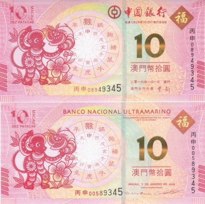 Bancnota Macao 10 Patacas 2016 - UNC ( Anul maimutei - set x2 BNU + BoC ) foto