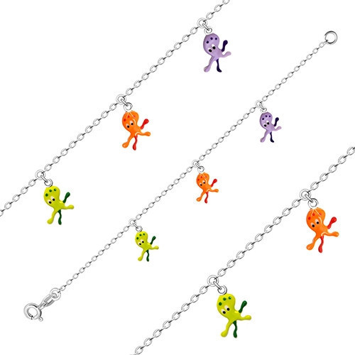 Brățară pentru copii din argint 925 - trei caracatițe cu smalț portocaliu, verde și violet